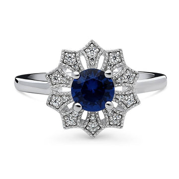 Flower Halo Blue CZ Ring in Sterling Silver
