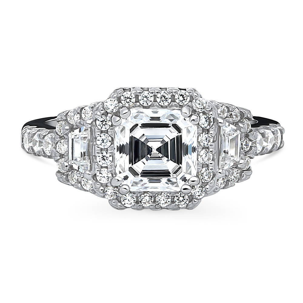 Halo 3-Stone Asscher CZ Statement Ring in Sterling Silver, 1 of 12