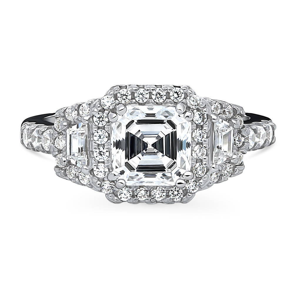 Halo 3-Stone 1.6ct Asscher CZ Ring in Sterling Silver, 1 of 12