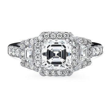 Halo 3-Stone Asscher CZ Statement Ring in Sterling Silver