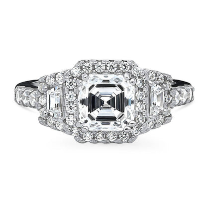 Halo 3-Stone Art Deco 1.6ct Asscher CZ Ring in Sterling Silver