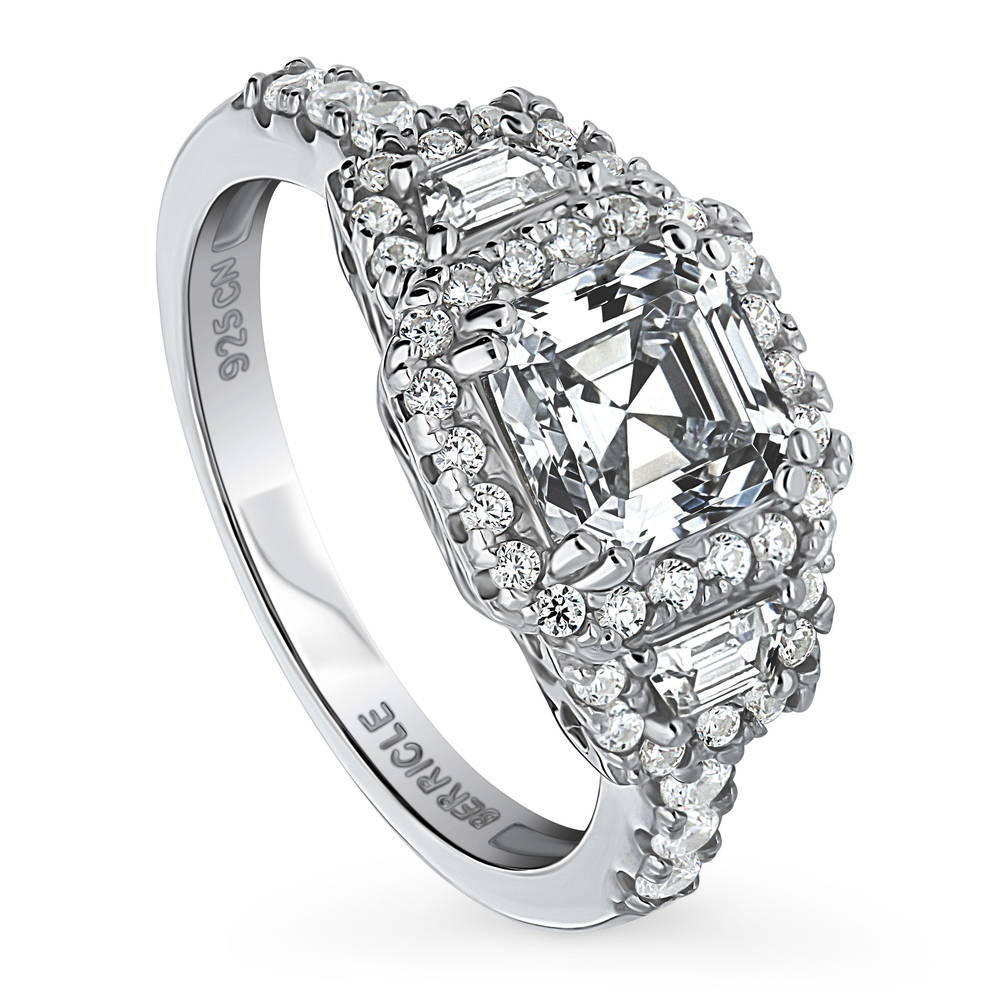 Front view of Halo 3-Stone 1.6ct Asscher CZ Ring in Sterling Silver, 4 of 12