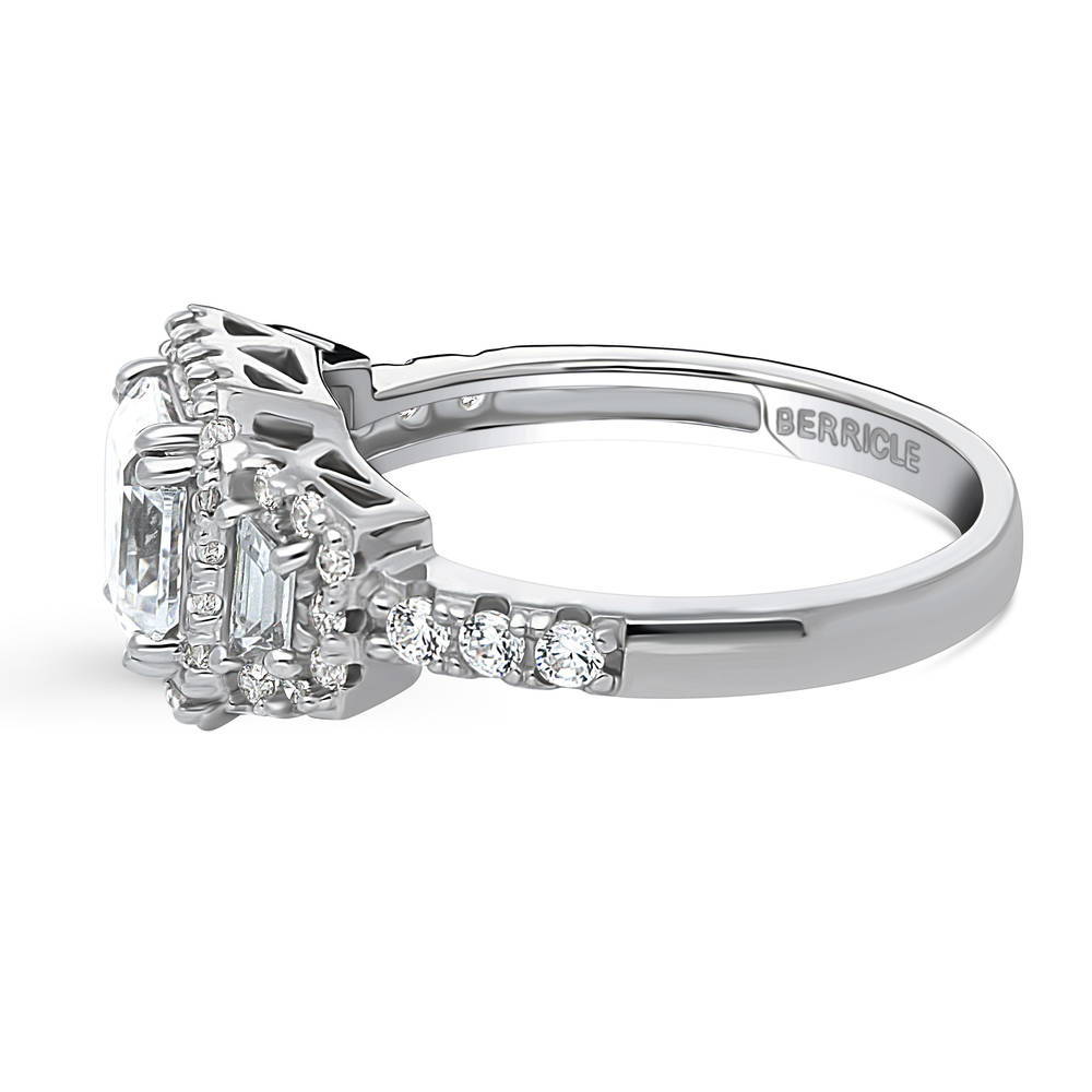Angle view of Halo 3-Stone Art Deco 1.6ct Asscher CZ Ring in Sterling Silver, 5 of 12