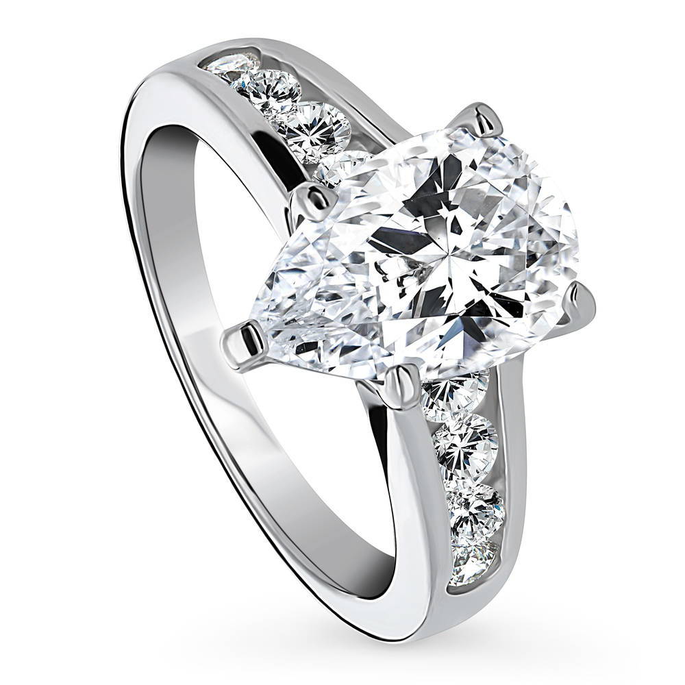 Front view of Solitaire 3ct Pear CZ Ring in Sterling Silver, 4 of 10