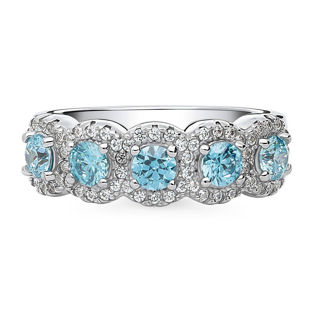 5-Stone Simulated Aquamarine CZ Ring in Sterling Silver, 1 of 9