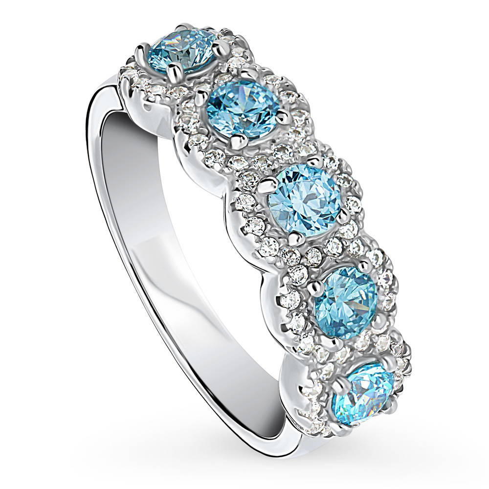 Front view of 5-Stone Simulated Aquamarine CZ Ring in Sterling Silver, 4 of 9