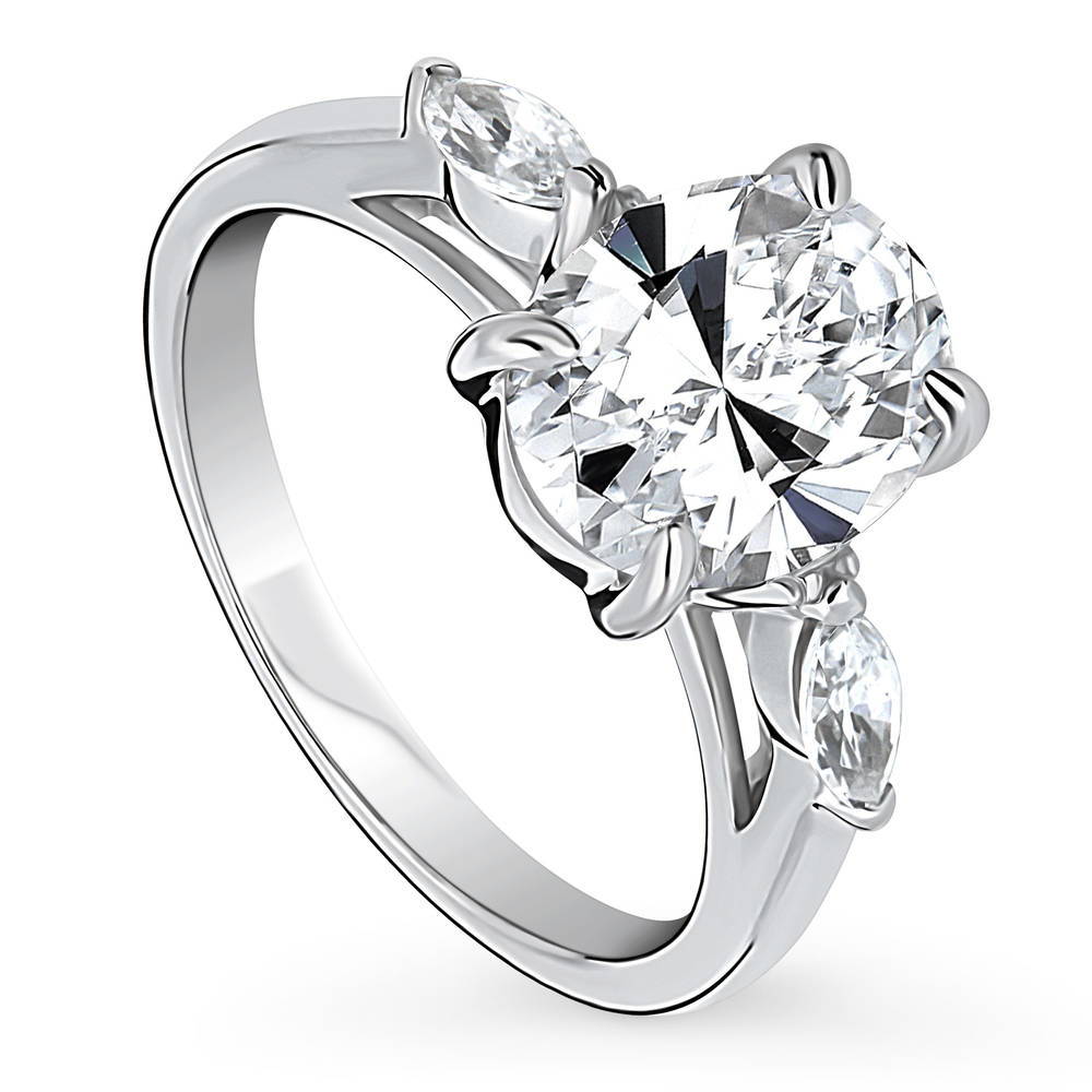 Front view of 3-Stone 2.5ct Oval CZ Ring in Sterling Silver, 4 of 9