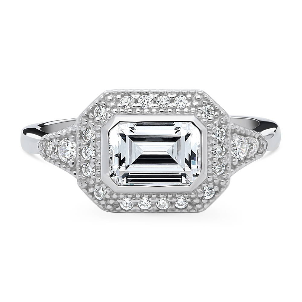 Halo East-West Emerald Cut CZ Ring in Sterling Silver, 1 of 11