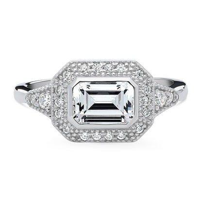 Halo East-West Art Deco Milgrain CZ Ring in Sterling Silver