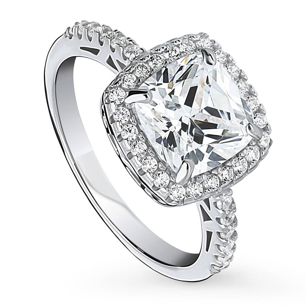 Front view of Halo Cushion Cut CZ Ring in Sterling Silver, 4 of 10