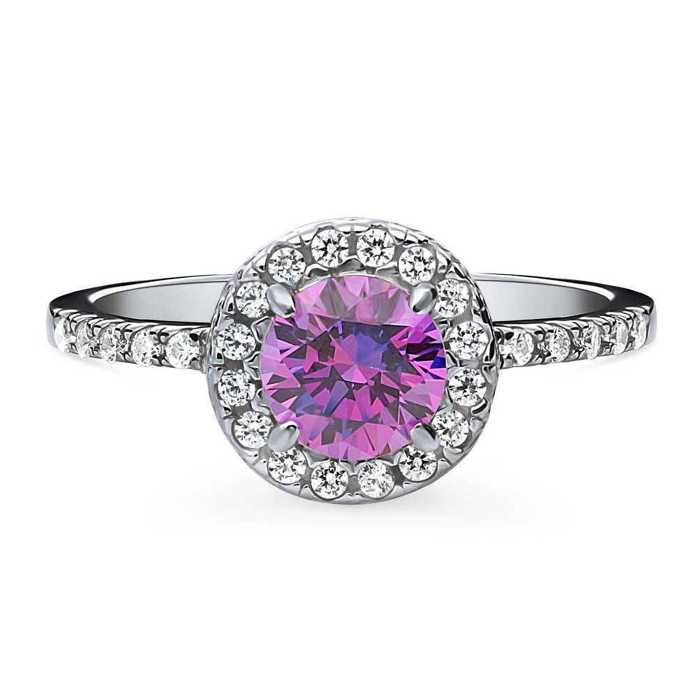 Halo Purple Round CZ Ring in Sterling Silver