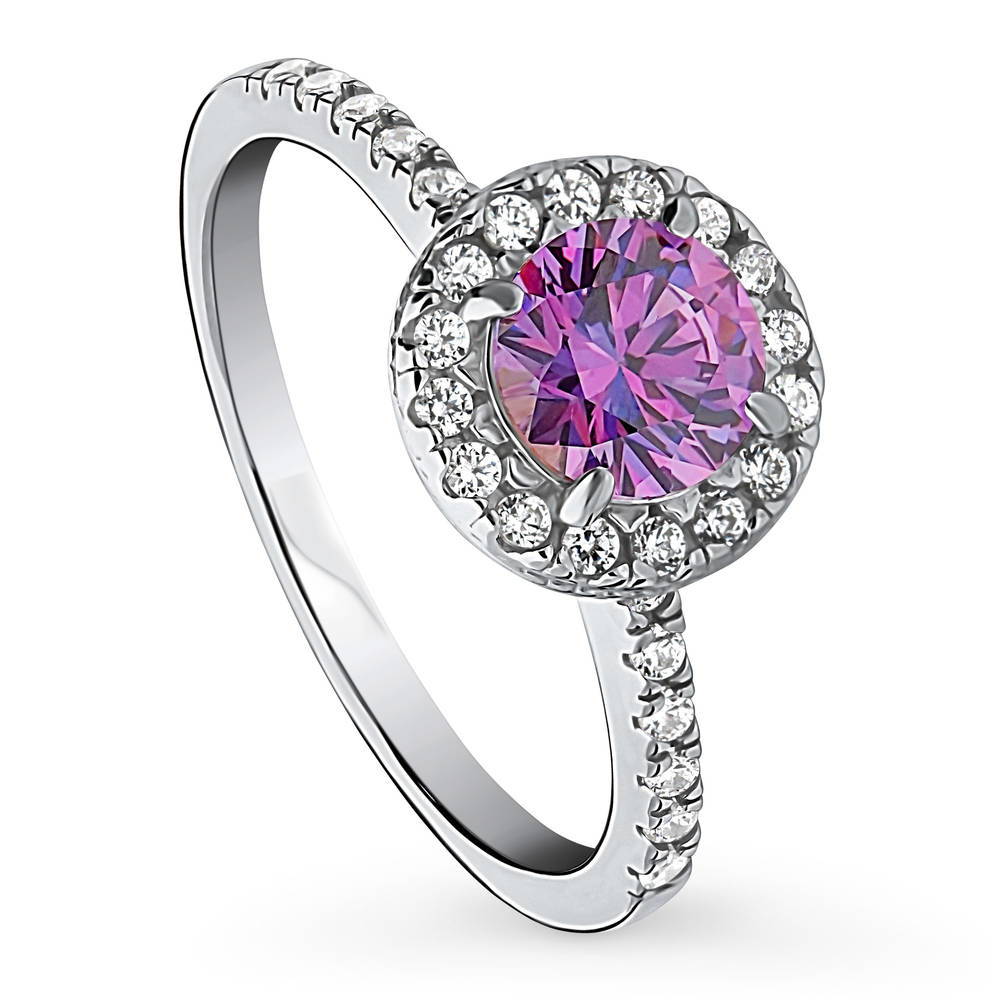 Front view of Halo Purple Round CZ Ring in Sterling Silver, 4 of 9