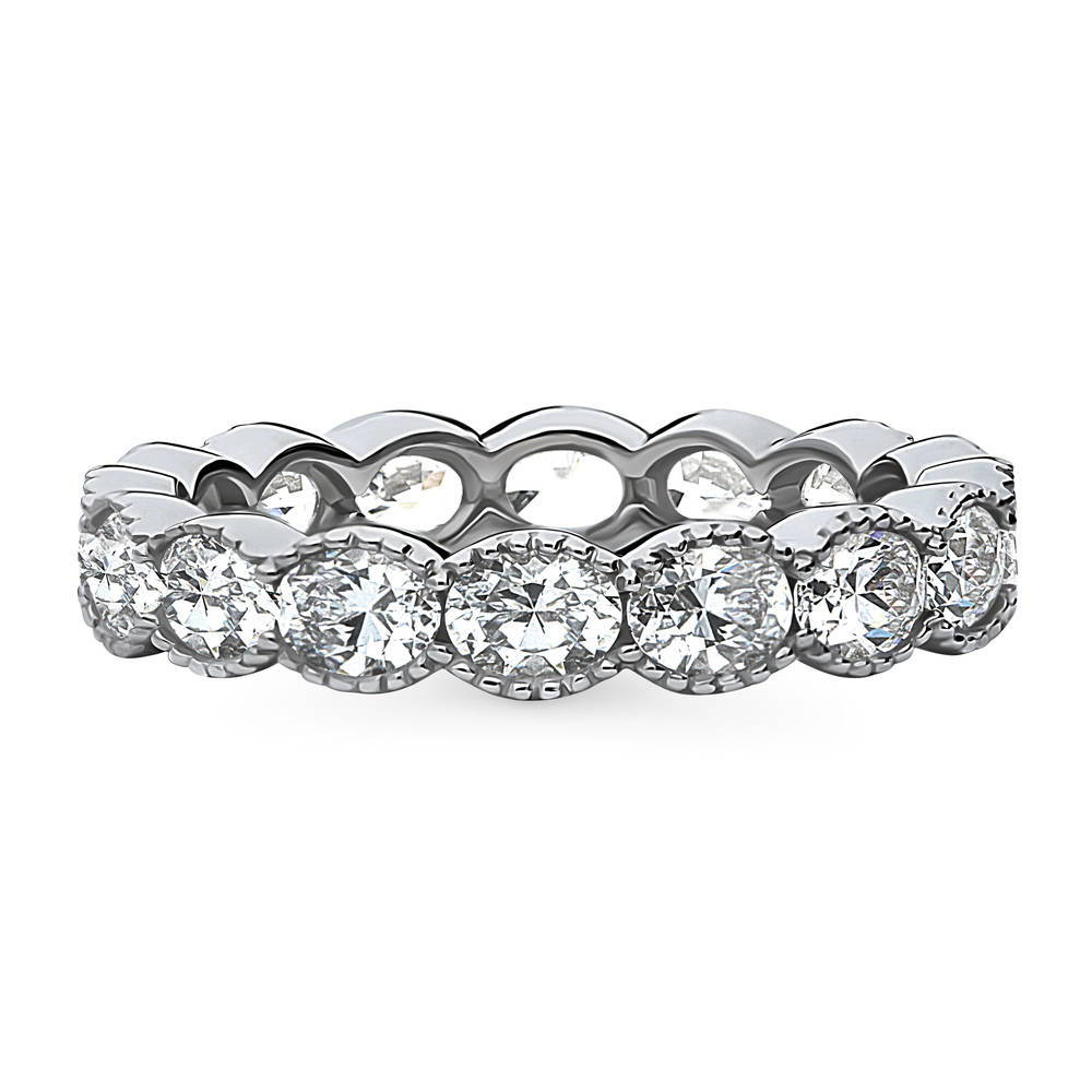 East-West Milgrain Bezel Set Oval CZ Eternity Ring in Sterling Silver, 1 of 8