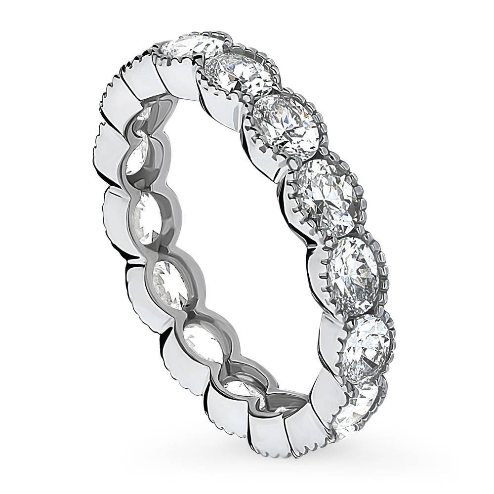 Front view of East-West Milgrain Bezel Set Oval CZ Eternity Ring in Sterling Silver, 4 of 8