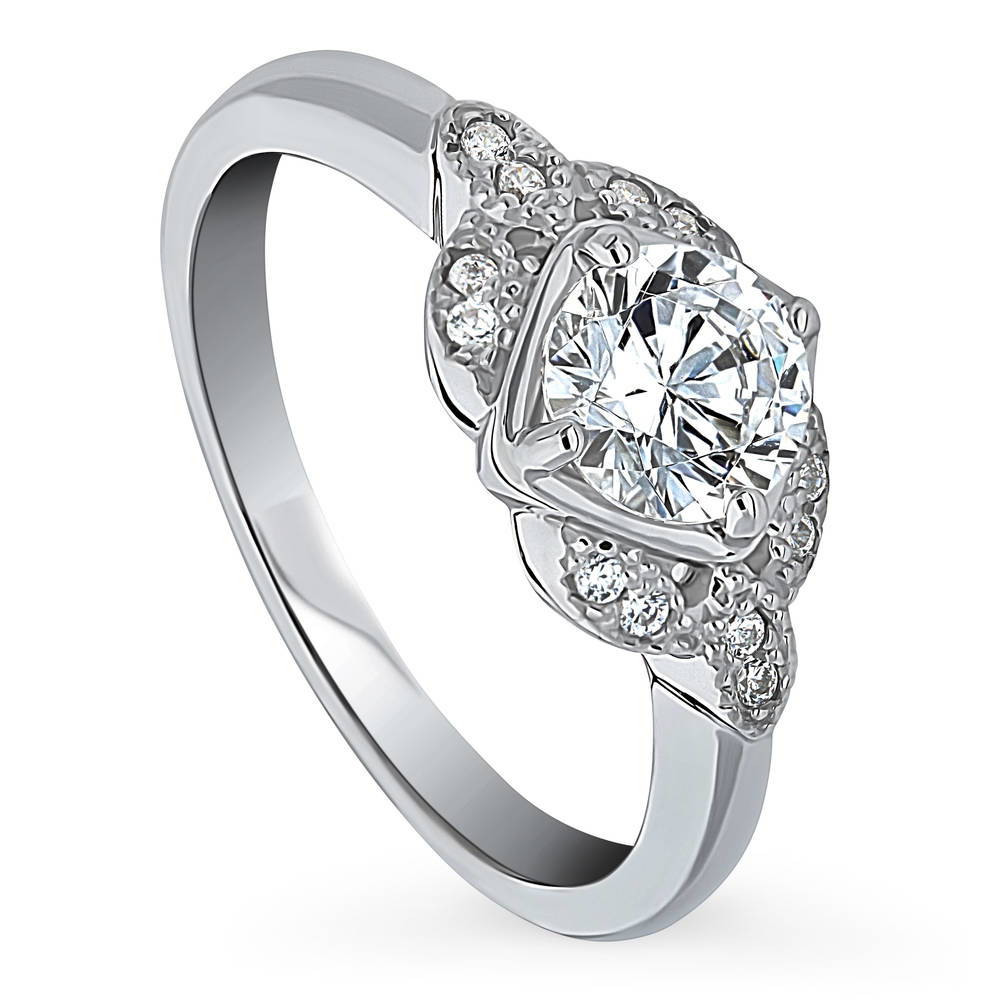 Front view of Flower Solitaire 0.8ct CZ Ring in Sterling Silver, 4 of 10