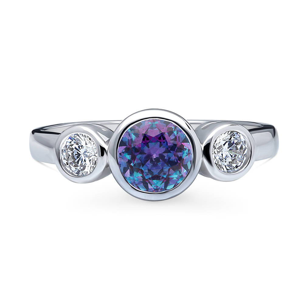 3-Stone Kaleidoscope Purple Aqua Round CZ Ring in Sterling Silver, 1 of 9