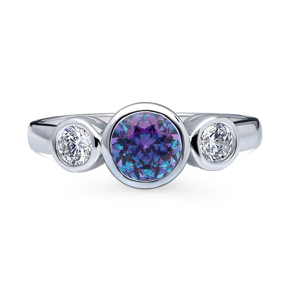 3-Stone Kaleidoscope 0.8ct Purple Aqua CZ Ring in Sterling Silver