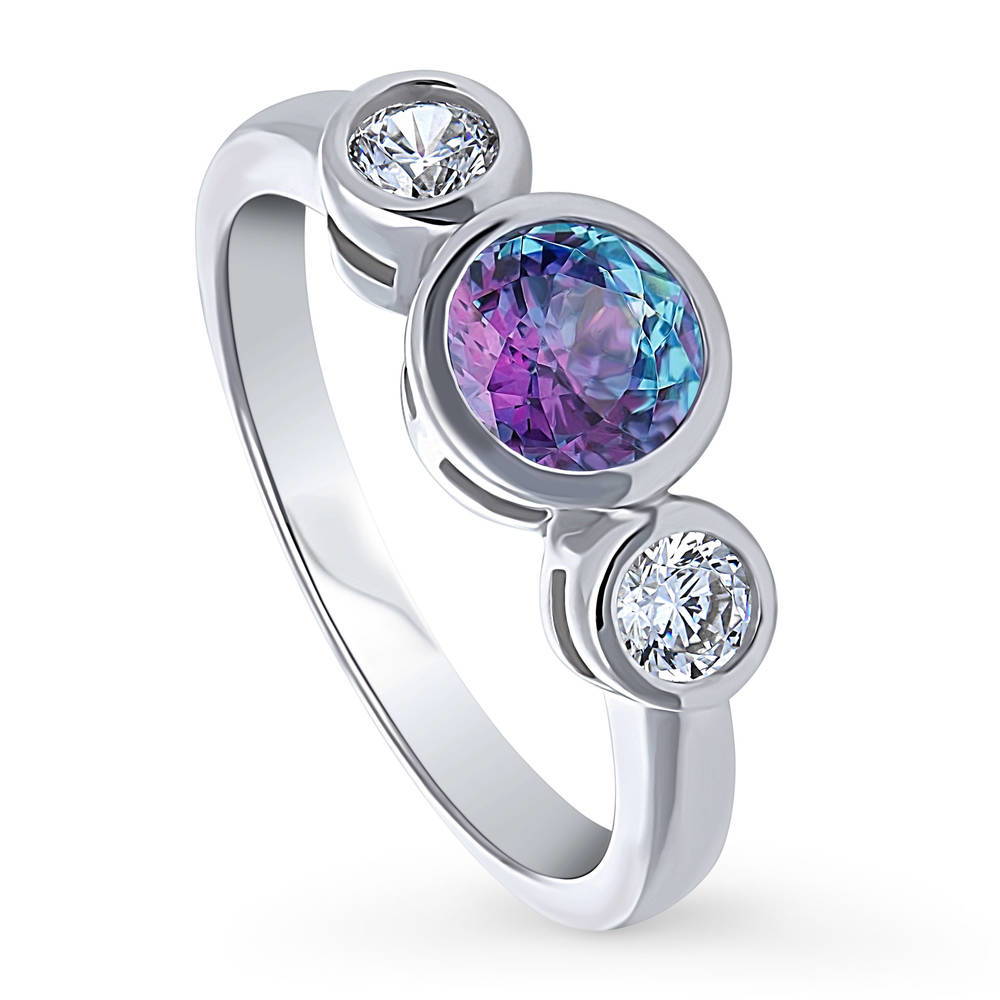 Front view of 3-Stone Kaleidoscope Purple Aqua Round CZ Ring in Sterling Silver, 4 of 9