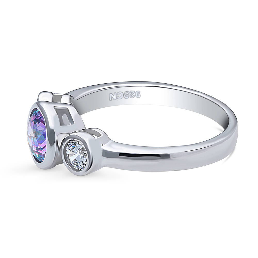 Angle view of 3-Stone Kaleidoscope Purple Aqua Round CZ Ring in Sterling Silver, 5 of 9