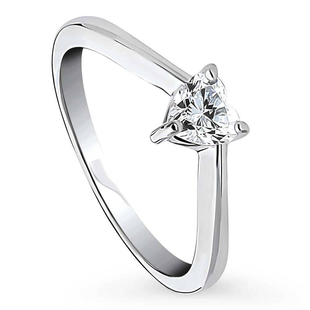 Front view of Solitaire Heart 0.4ct Heart CZ Ring in Sterling Silver, 4 of 9