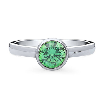 Solitaire Green Bezel Set Round CZ Ring in Sterling Silver 0.8ct