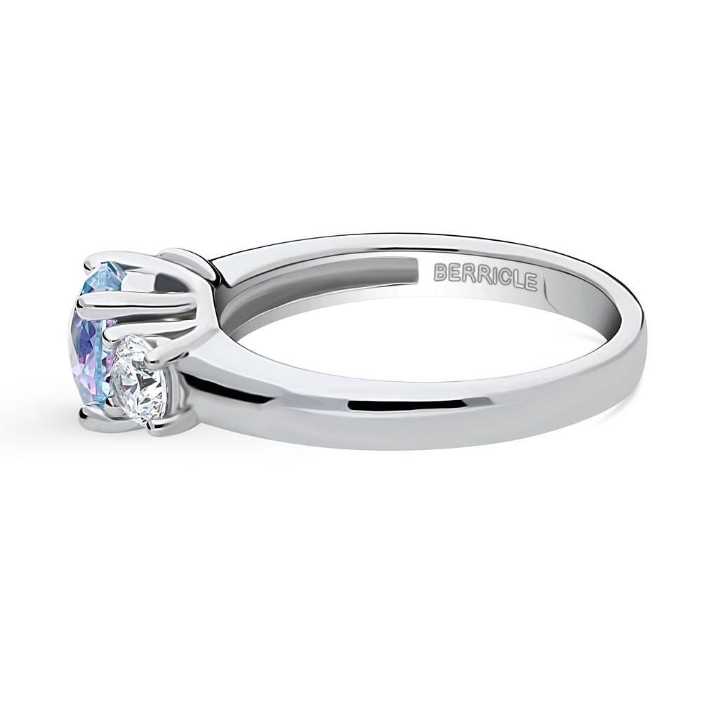 Angle view of 3-Stone Kaleidoscope Purple Aqua CZ Ring in Sterling Silver, 5 of 9