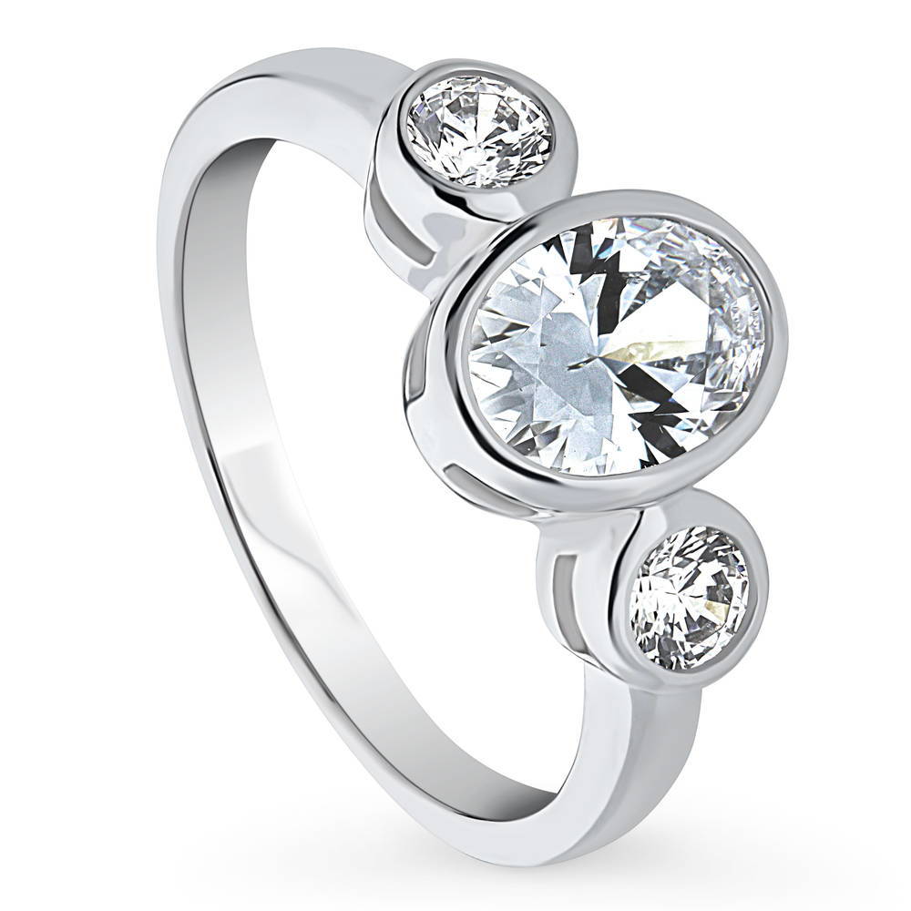 Front view of 3-Stone 1.2ct Oval CZ Ring in Sterling Silver, 4 of 9
