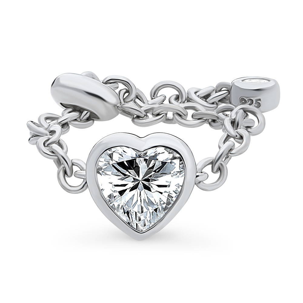 Solitaire Bezel Set Heart CZ Chain Ring in Sterling Silver 0.7ct