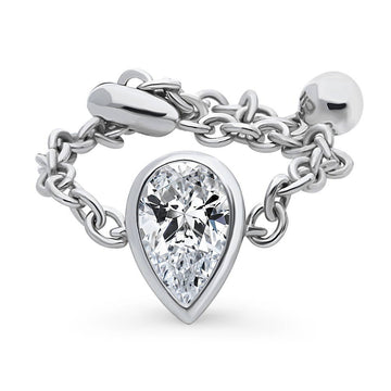 Solitaire Bezel Set Pear CZ Chain Ring in Sterling Silver 0.8ct