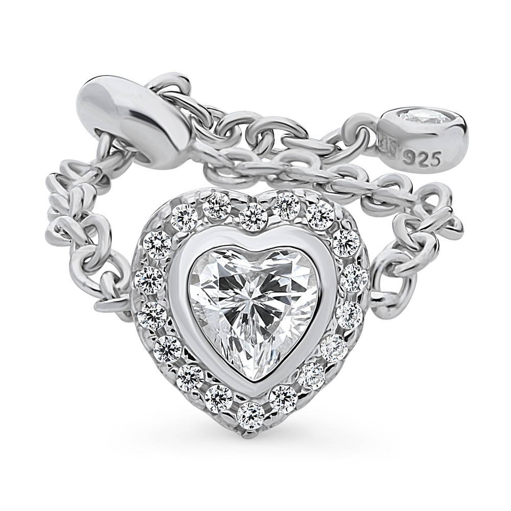Halo Heart CZ Chain Ring in Sterling Silver, 1 of 8