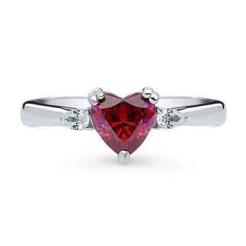3-Stone Heart Red CZ Ring in Sterling Silver