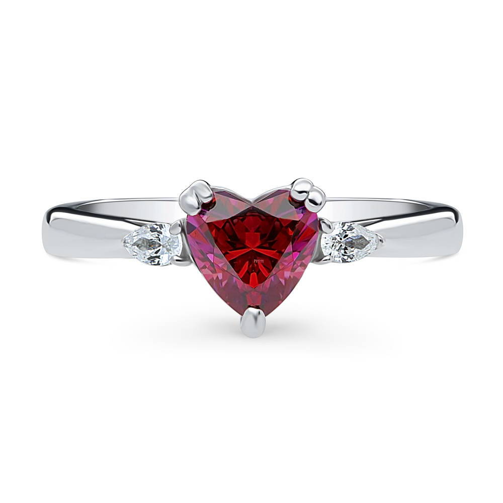 3-Stone Heart Red CZ Ring in Sterling Silver, 1 of 9