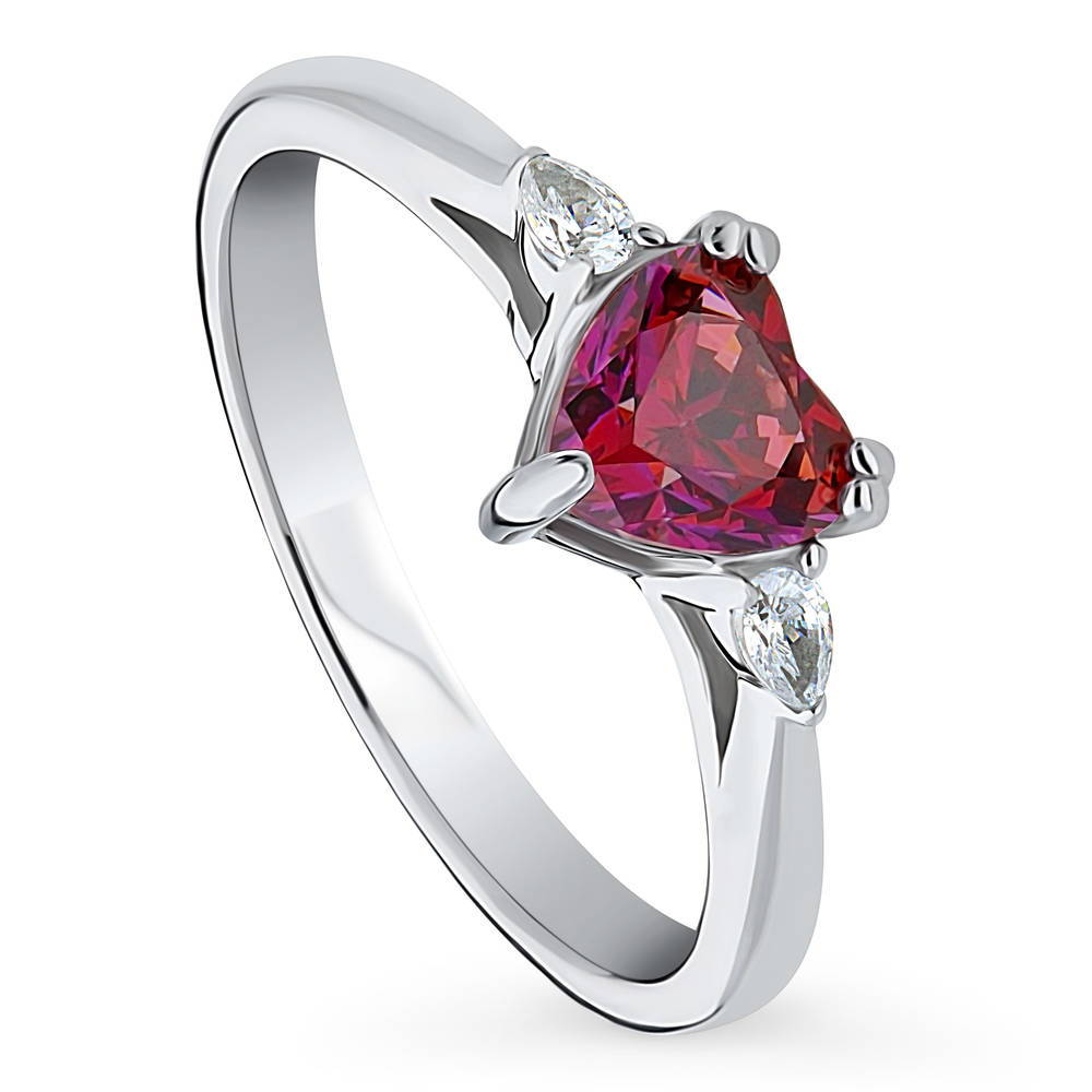 Front view of 3-Stone Heart Red CZ Ring in Sterling Silver, 4 of 9