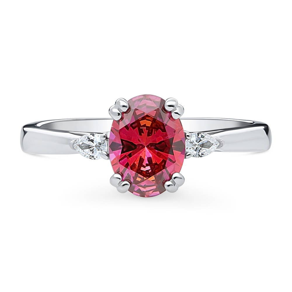 3-Stone Red Oval CZ Ring in Sterling Silver, 1 of 9