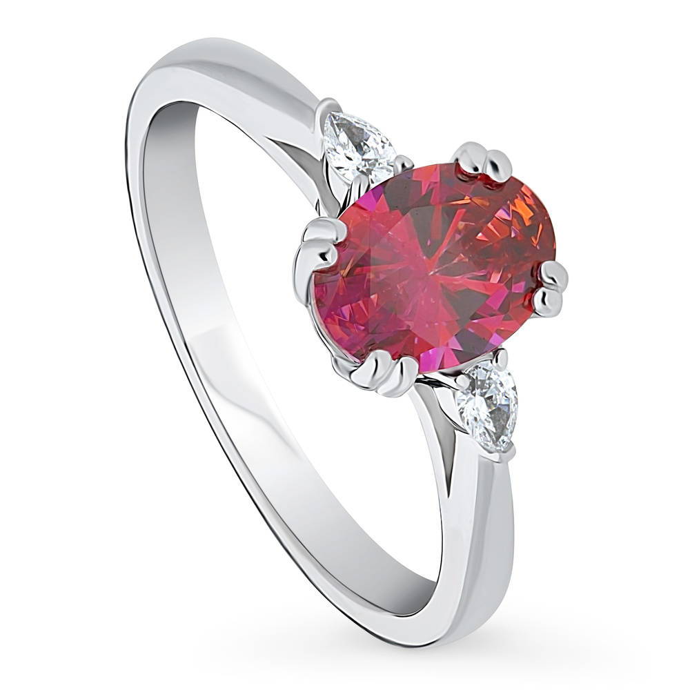 Front view of 3-Stone Red Oval CZ Ring in Sterling Silver, 4 of 9