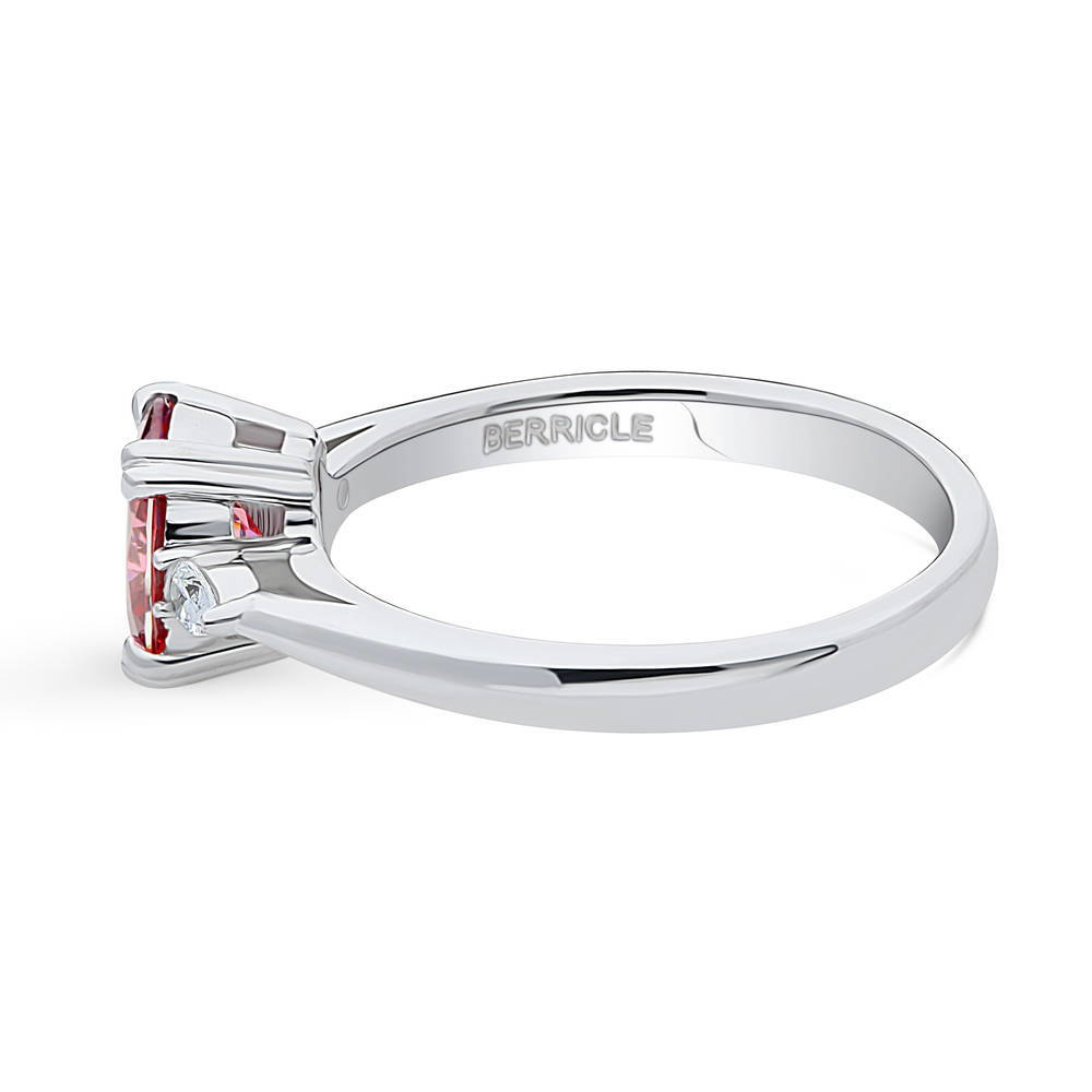 Angle view of 3-Stone Red Oval CZ Ring in Sterling Silver, 5 of 9