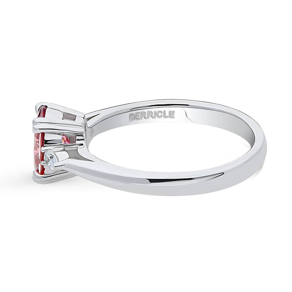 Angle view of 3-Stone 1.2ct Red Oval CZ Ring in Sterling Silver, 5 of 9