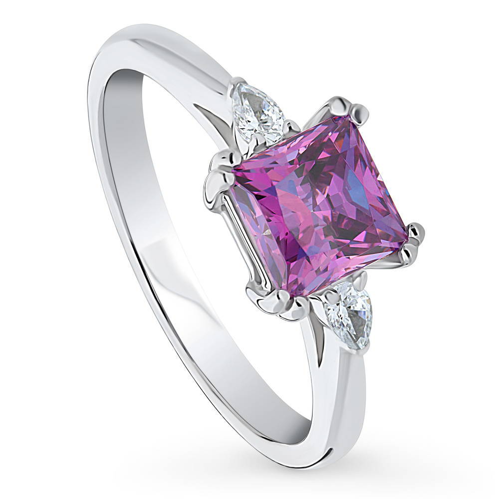 Front view of 3-Stone Purple Princess CZ Ring in Sterling Silver, 4 of 9