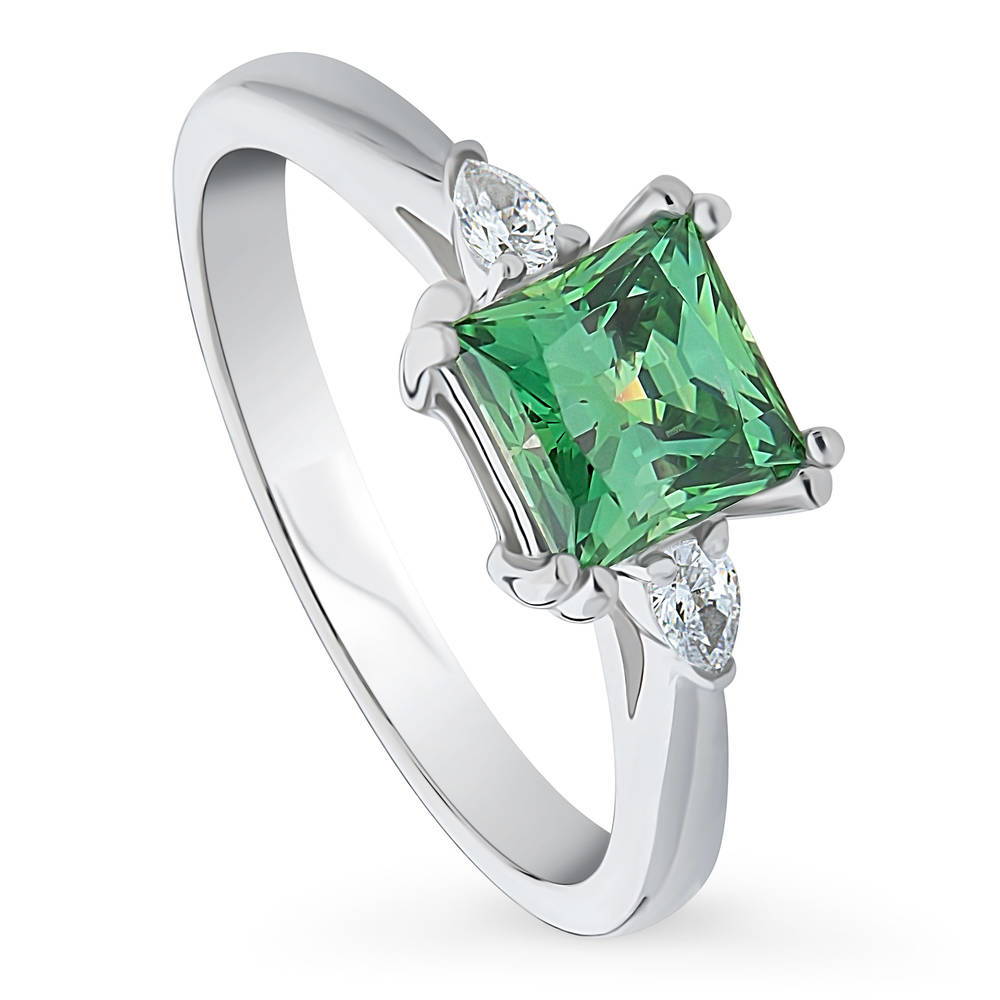 Front view of 3-Stone 1.2ct Green Princess CZ Ring in Sterling Silver, 4 of 9