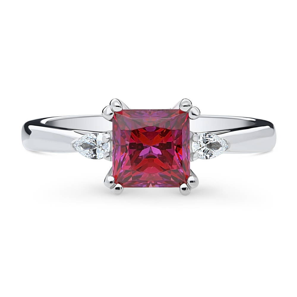 3-Stone Red Princess CZ Ring in Sterling Silver, 1 of 9