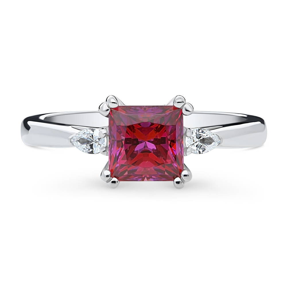 3-Stone 1.2ct Red Princess CZ Ring in Sterling Silver, 1 of 9