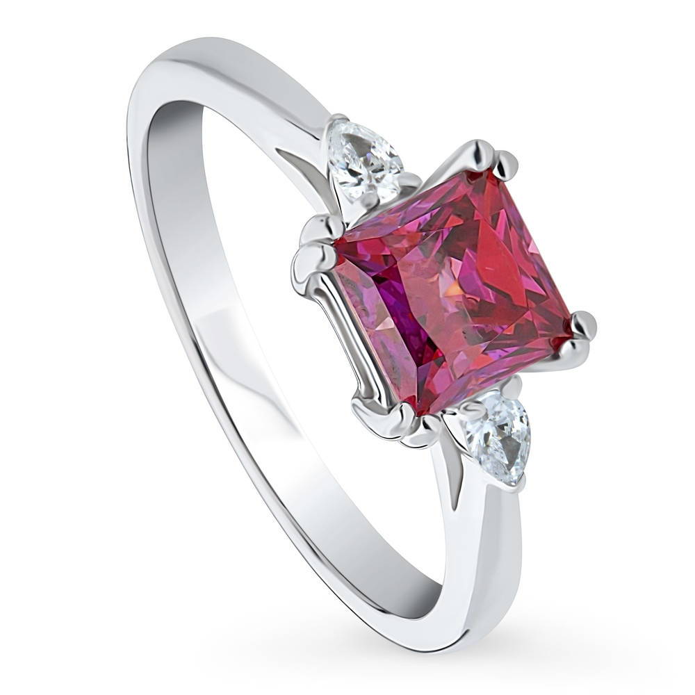 Front view of 3-Stone 1.2ct Red Princess CZ Ring in Sterling Silver, 4 of 9
