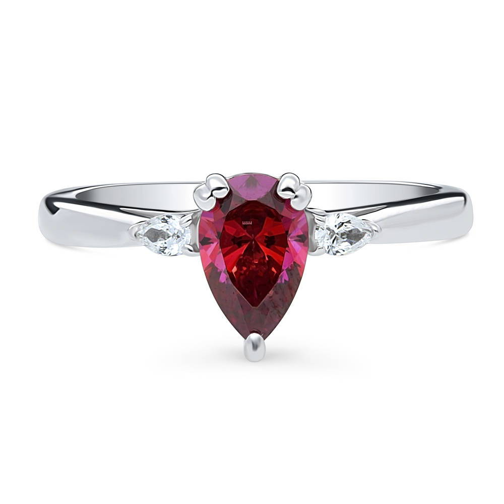 3-Stone 0.8ct Red Pear CZ Ring in Sterling Silver, 1 of 9