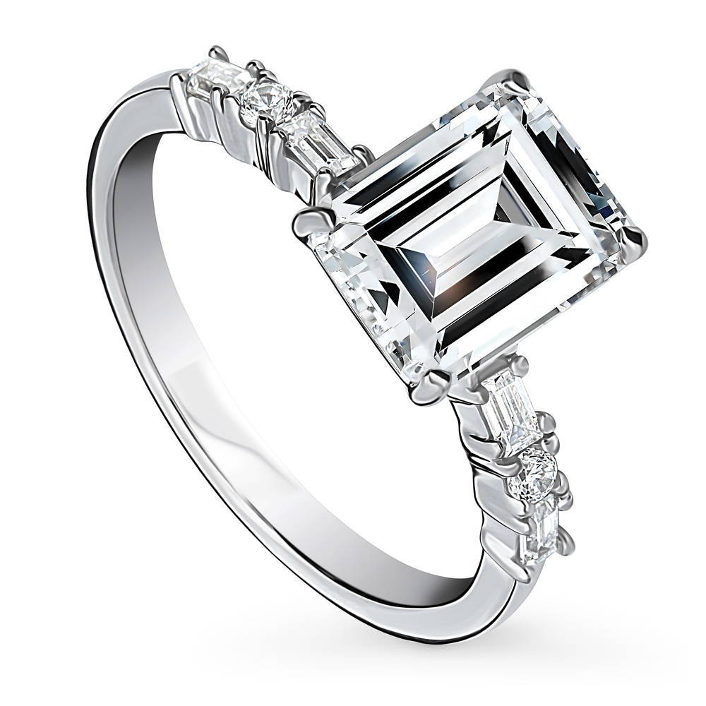 Front view of Solitaire Art Deco 2.1ct Emerald Cut CZ Ring in Sterling Silver, 4 of 10