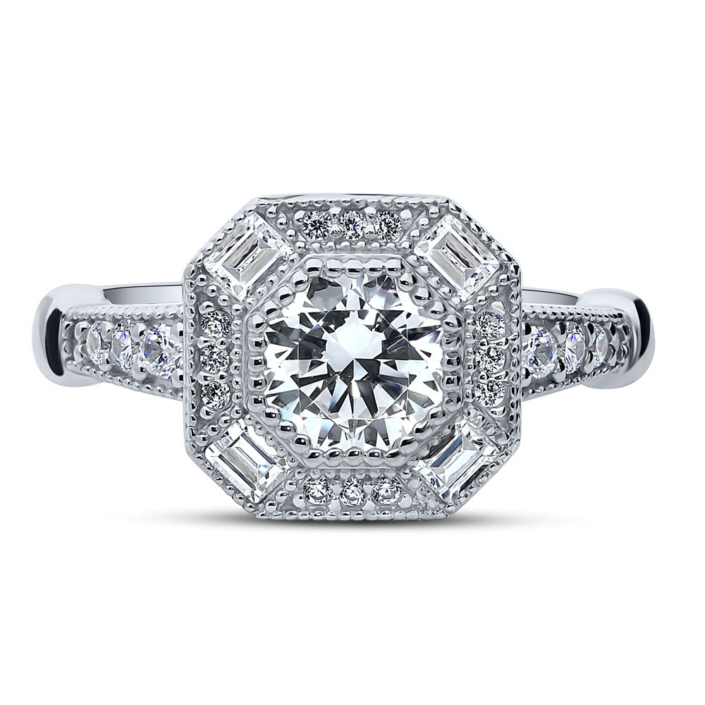 Halo Art Deco Milgrain Octagon Sun Cut CZ Ring in Sterling Silver