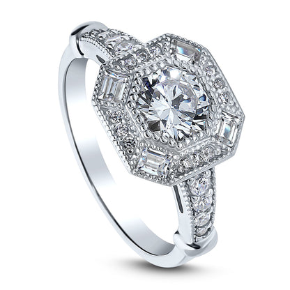 Halo Art Deco Milgrain Octagon Sun Cut CZ Ring in Sterling Silver