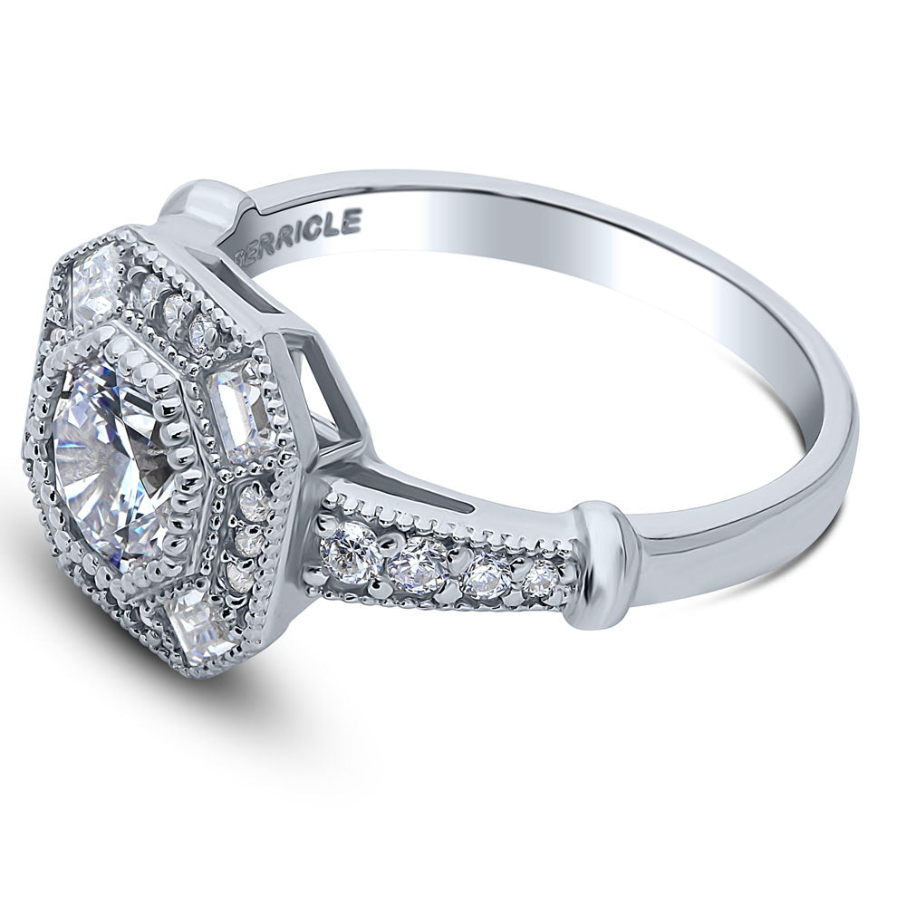 Angle view of Halo Art Deco Milgrain Octagon Sun Cut CZ Ring in Sterling Silver, 5 of 9