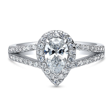 Halo Pear CZ Split Shank Ring in Sterling Silver