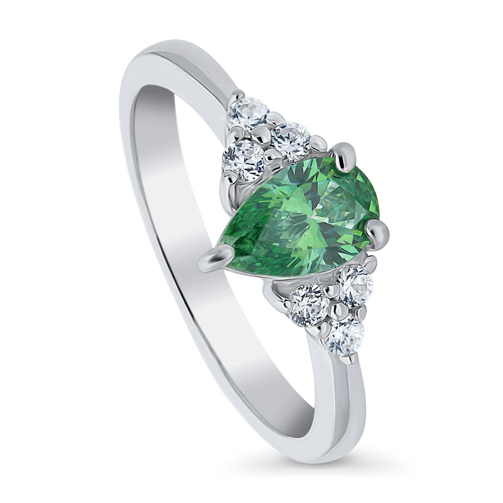 Front view of Solitaire 0.8ct Green Pear CZ Ring in Sterling Silver, 4 of 8