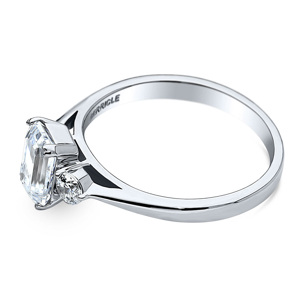 Angle view of 3-Stone 1ct Emerald Cut CZ Ring in Sterling Silver, 5 of 9